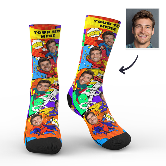 Personalised Comic Socks laid flat showing tropical pattern and custom text — unique personalised photo gift for birthdays and special occasions in the UK & Australia