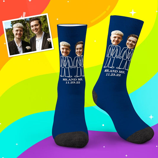 Pair of personalised custom face socks showing two grooms' printed portraits — custom photo socks for gay couple, ideal as wedding, groomsmen or Valentine's Day gift