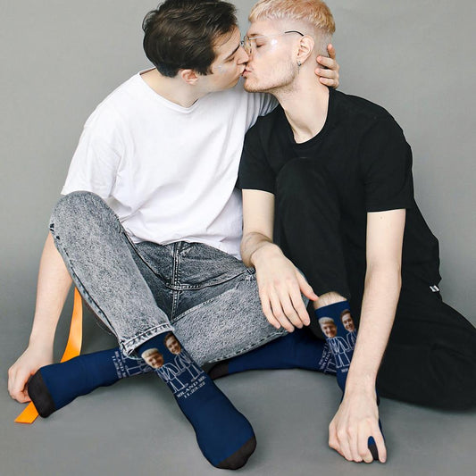 Pair of personalised custom face socks showing two grooms' printed portraits — custom photo socks for gay couple, ideal as wedding, groomsmen or Valentine's Day gift