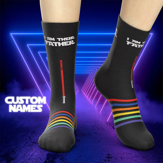 Black personalised 'I Am Their Father' name socks, polyester crew pair with space for 1–7 printed names — cosy Father's Day gift for dad, grandad or husband
