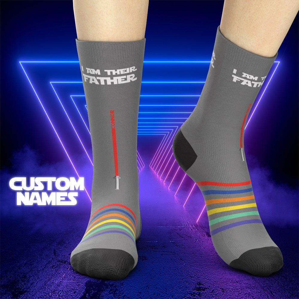 Black personalised 'I Am Their Father' name socks, polyester crew pair with space for 1–7 printed names — cosy Father's Day gift for dad, grandad or husband