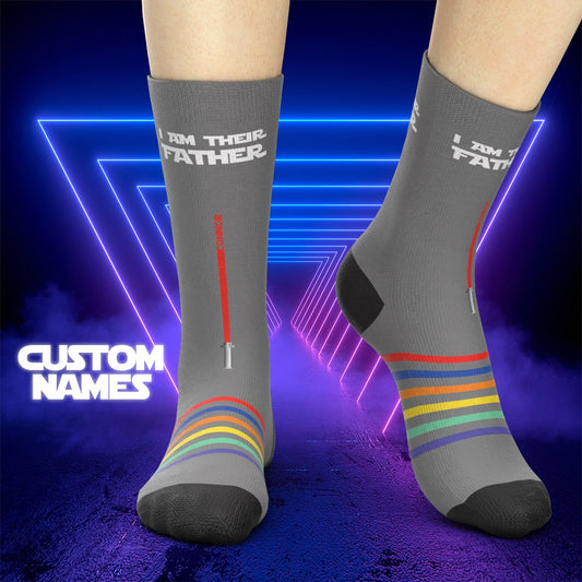 Black personalised 'I Am Their Father' name socks, polyester crew pair with space for 1–7 printed names — cosy Father's Day gift for dad, grandad or husband