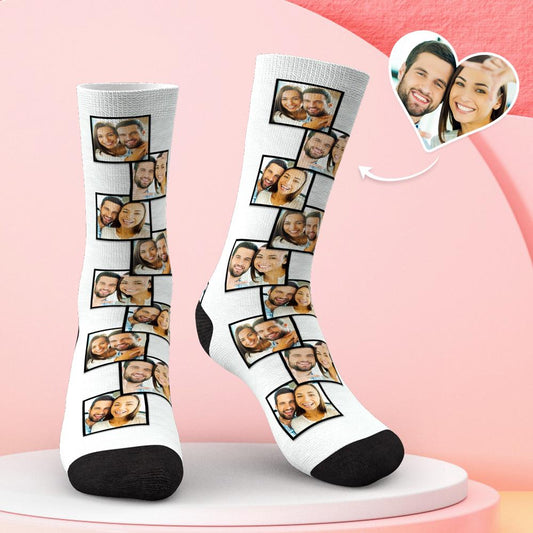Flat-lay personalised multi-photo socks with heart-shaped photo panels — romantic custom photo socks gift for couples