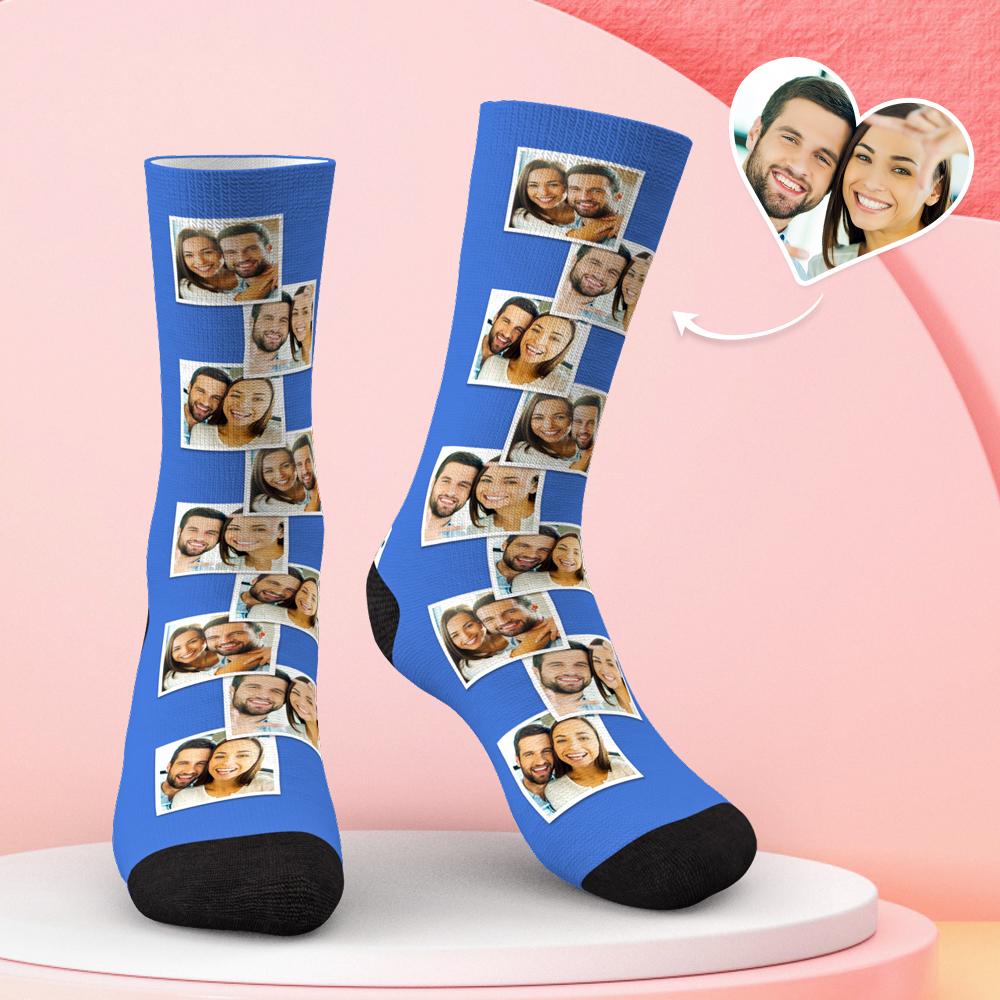 Flat-lay personalised multi-photo socks with heart-shaped photo panels — romantic custom photo socks gift for couples