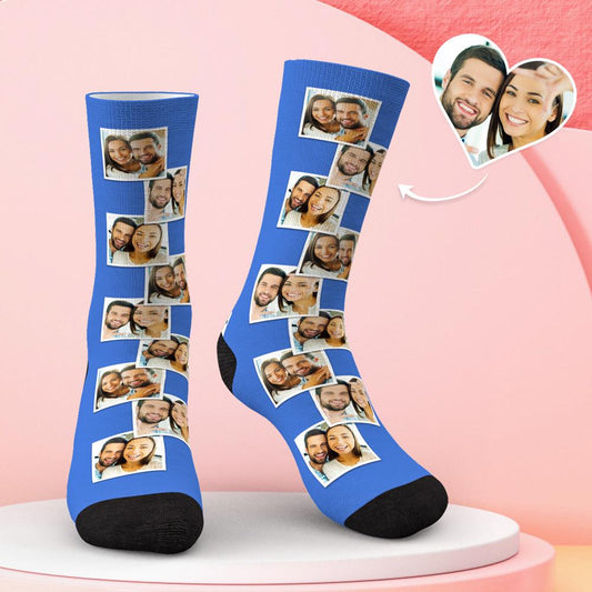 Flat-lay personalised multi-photo socks with heart-shaped photo panels — romantic custom photo socks gift for couples