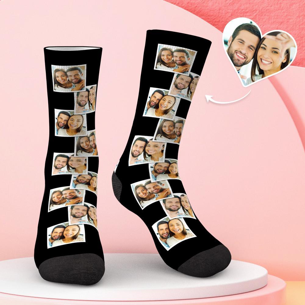 Macro of fabric texture and stitching on personalised multi-photo socks — soft, wear‑resistant custom photo socks