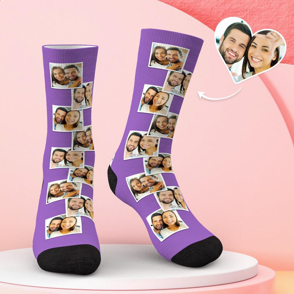 Matching pair of personalised multi-photo socks displayed for couples — ideal personalised photo socks gift for Valentine’s Day