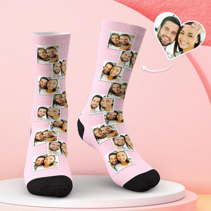 Flat-lay personalised multi-photo socks with heart-shaped photo panels — romantic custom photo socks gift for couples