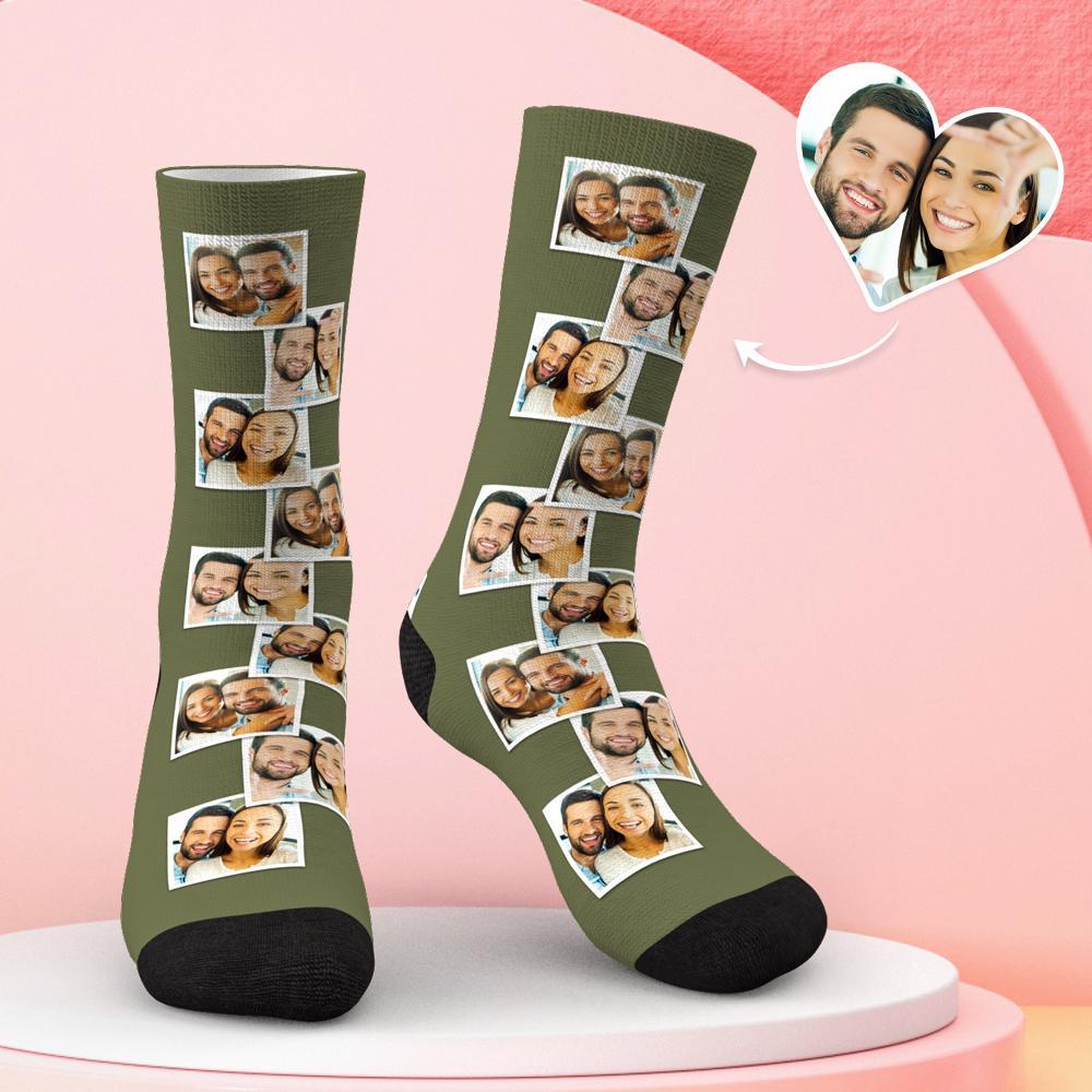 Lifestyle image of feet wearing personalised multi-photo socks at home — cosy, personalised socks for lovers and family gifts