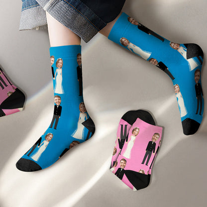 Model wearing personalised photo socks featuring a couple’s faces — unique, practical personalised wedding and couple present