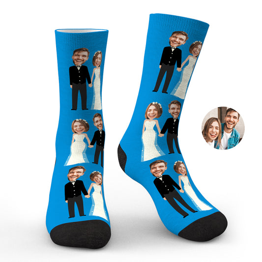 Custom photo sock with large full-colour face print on soft polyester — personalised wedding or couple gift