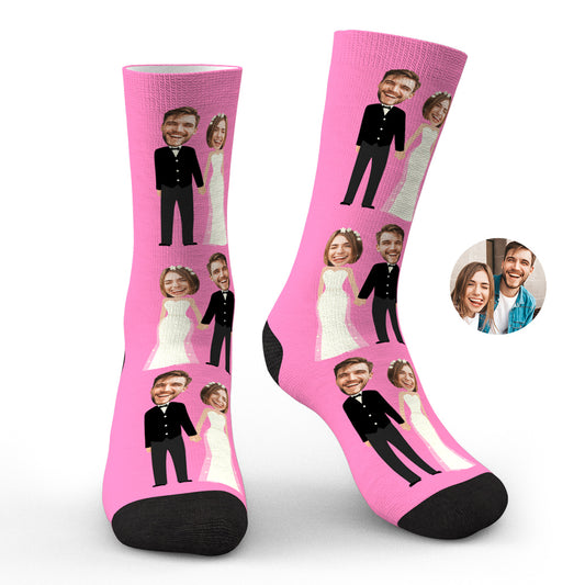 Custom Wedding Socks showing personalised couple photo on white socks — funny personalised couple photo socks, unisex wedding and anniversary gift