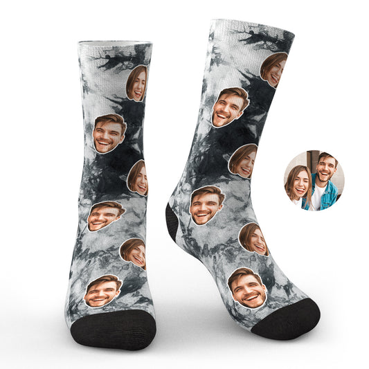 Worn personalised tie-dye photo face socks peeking from trainers, showcasing a playful custom photo print — perfect novelty gift