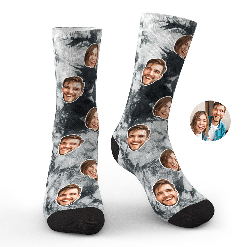Top view of personalised tie-dye photo face socks with matching high-resolution prints on each sock — unique custom photo socks gift