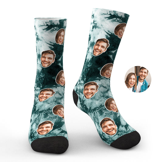 Worn personalised tie-dye photo face socks peeking from trainers, showcasing a playful custom photo print — perfect novelty gift