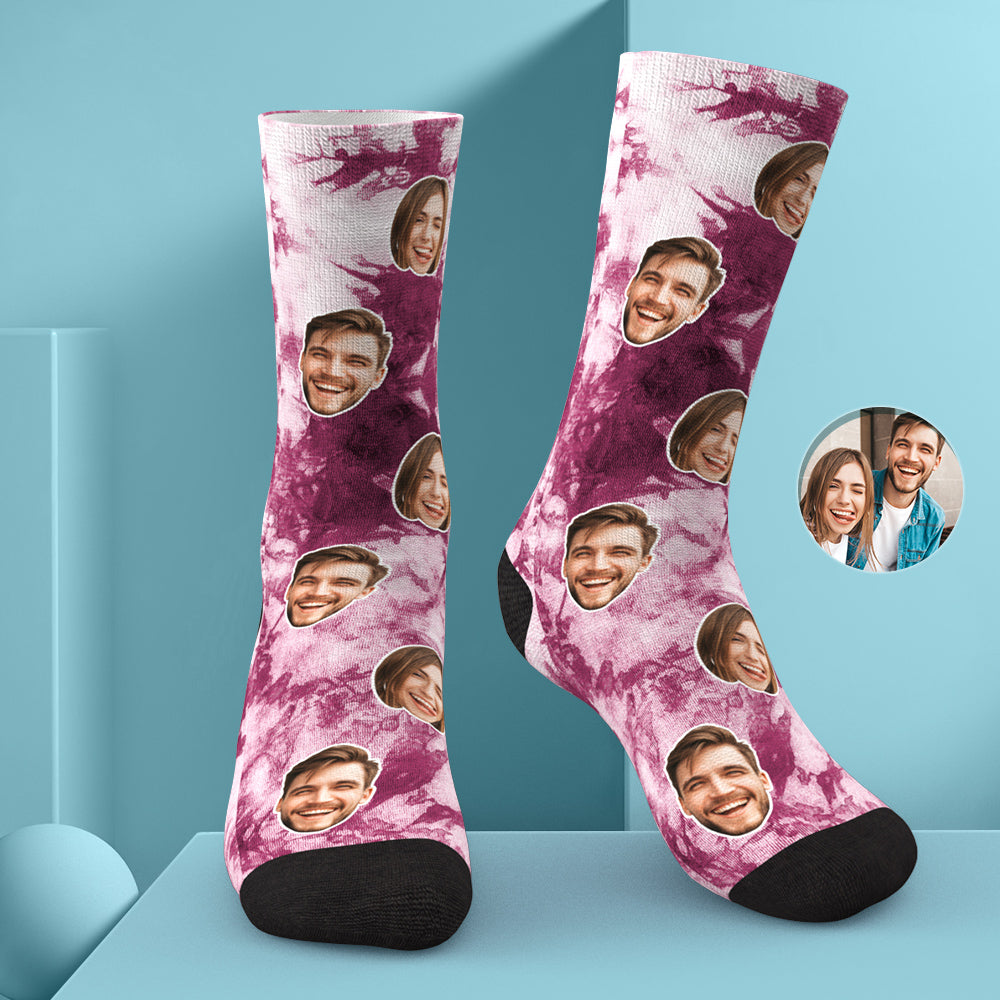 Worn personalised tie-dye photo face socks peeking from trainers, showcasing a playful custom photo print — perfect novelty gift