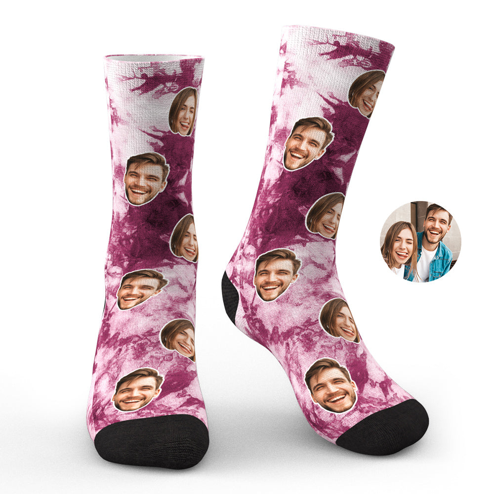 Close-up of personalised tie-dye photo face socks highlighting crisp full-colour face printing and soft polyester fabric — custom socks