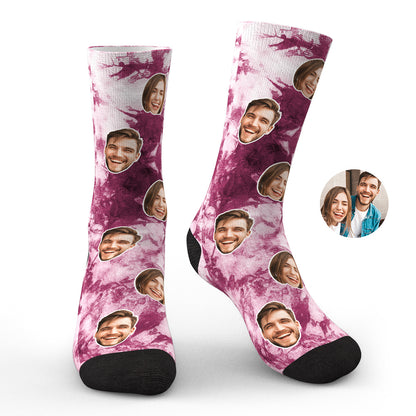 Close-up of personalised tie-dye photo face socks highlighting crisp full-colour face printing and soft polyester fabric — custom socks