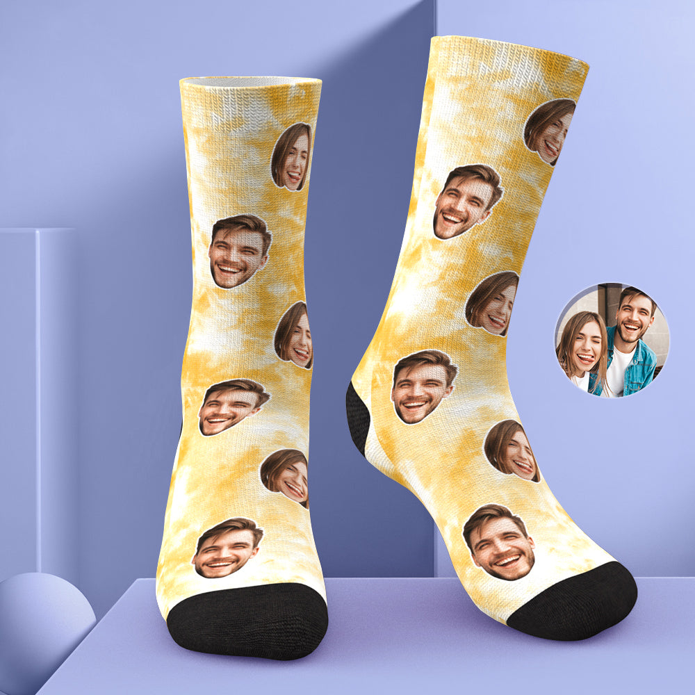 Personalised tie-dye photo face socks with visible custom text option and clear photo print — personalised novelty socks gift idea