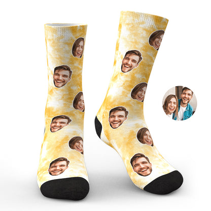 Folded personalised tie-dye photo face socks in bright colours, ideal custom gift for birthdays, Mother's Day or Father's Day