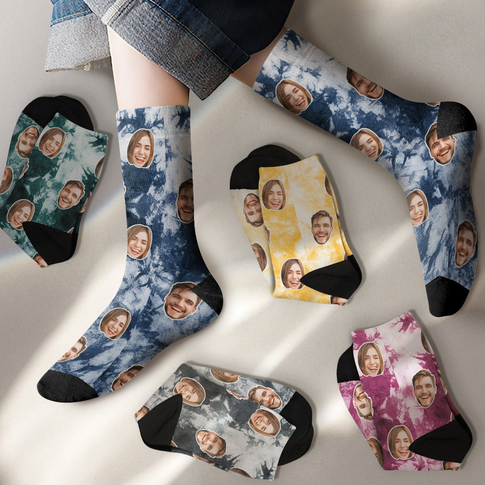 Detail of print alignment on personalised tie-dye photo face socks, showing vibrant dye-sublimation colour on polyester — custom photo present