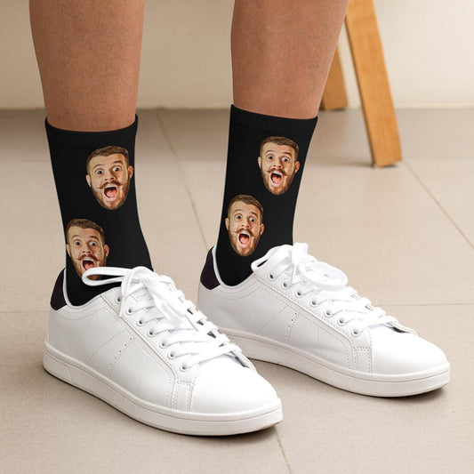 Close-up of personalised face socks with black stripes and large-eye print — custom photo unisex socks in soft polyester, ideal personalised photo gift