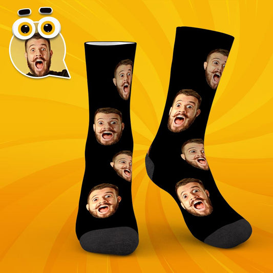 Close-up of personalised face socks with black stripes and large-eye print — custom photo unisex socks in soft polyester, ideal personalised photo gift