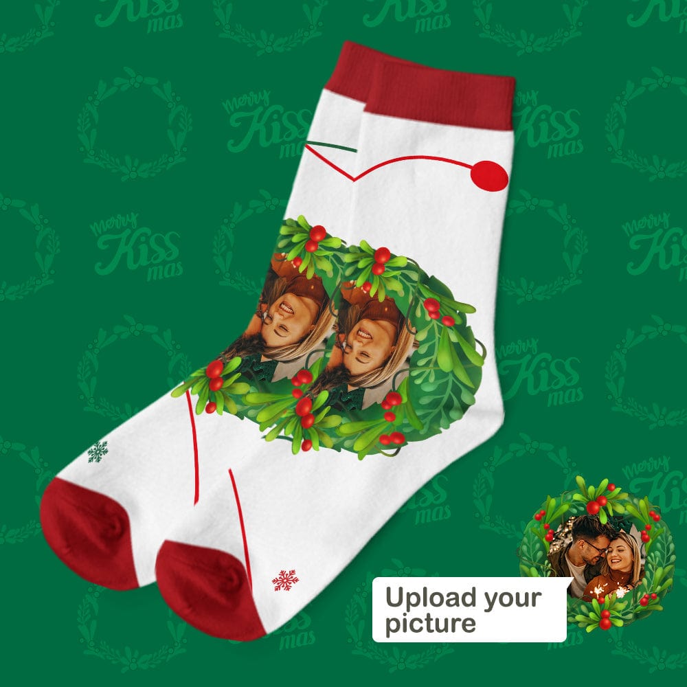 Close-up of high-resolution printed photo on mistletoe Christmas sock demonstrating premium customisation for photo socks