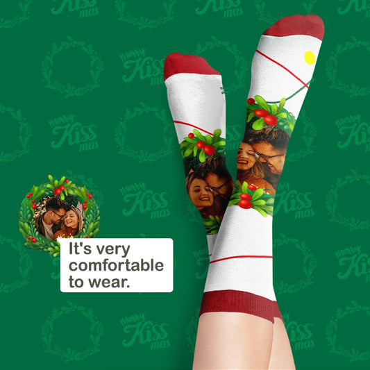 Personalised 'Kissing Under the Mistletoe' photo sock with mistletoe motif and couple photo — cosy Christmas socks gift for lovers