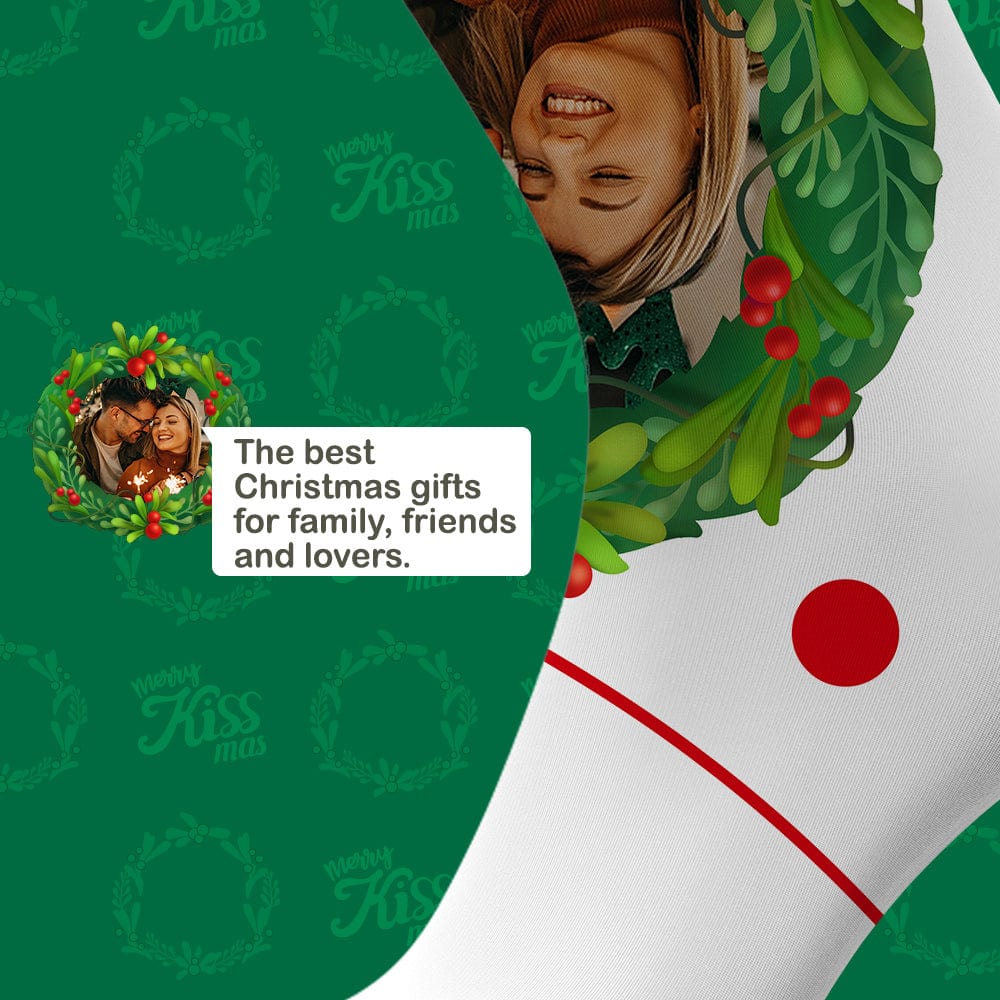 Personalised photo Christmas socks presented as a gift with mistletoe design and soft fabric — unique personalised gift for couples