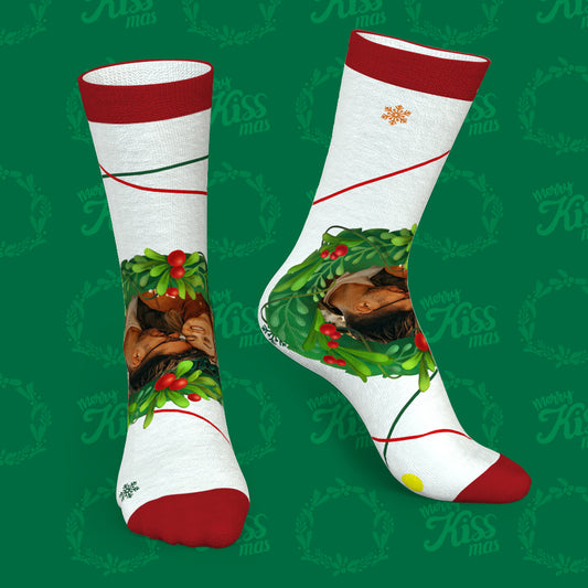 Personalised 'Kissing Under the Mistletoe' photo sock with mistletoe motif and couple photo — cosy Christmas socks gift for lovers