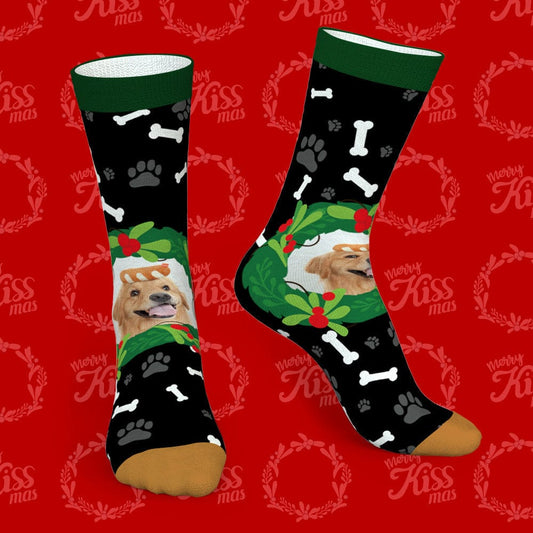 Personalised photo pet socks in white with a custom pet photo framed by mistletoe & bone design – perfect Christmas gift for pet lovers