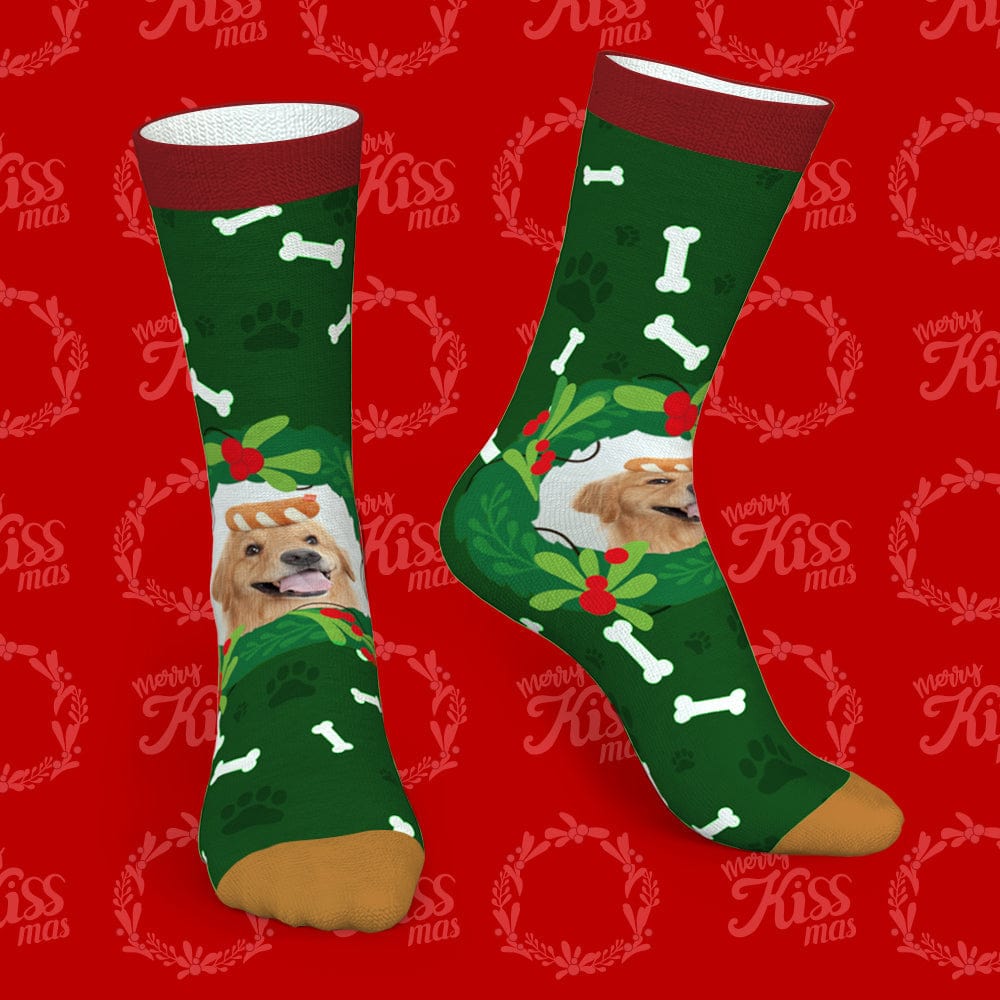 Close-up of black personalised photo pet socks showing printed pet face with mistletoe & bone motif – ideal stocking filler gift