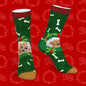 Close-up of black personalised photo pet socks showing printed pet face with mistletoe & bone motif – ideal stocking filler gift