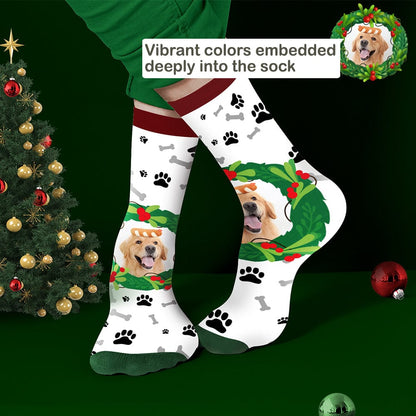 Personalised photo pet socks in white with a custom pet photo framed by mistletoe & bone design – perfect Christmas gift for pet lovers