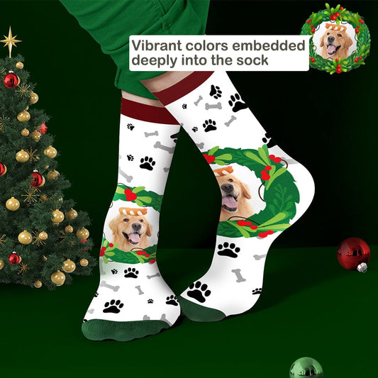 Personalised photo pet socks in white with a custom pet photo framed by mistletoe & bone design – perfect Christmas gift for pet lovers