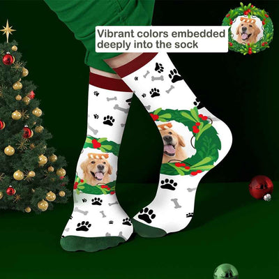 Custom photo socks with pet face and mistletoe bone design.