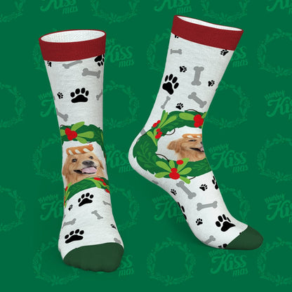 Detailed shot of red personalised photo pet socks showing a clear pet image with mistletoe & bone pattern – great festive stocking gift