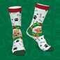 Detailed shot of red personalised photo pet socks showing a clear pet image with mistletoe & bone pattern – great festive stocking gift