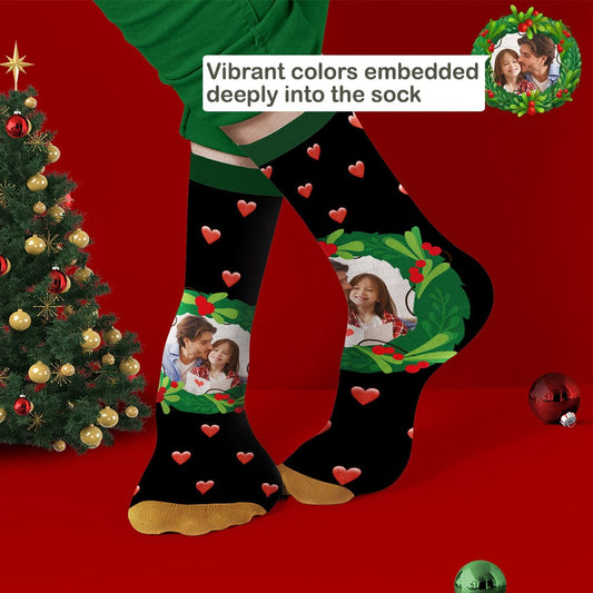Personalised mistletoe & heart Christmas socks in black with custom name — cosy, stretchy family gift