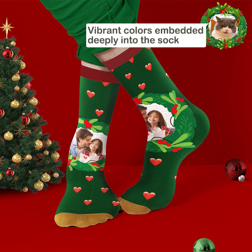 Green personalised mistletoe & heart Christmas socks with heart pattern and name — bespoke festive present