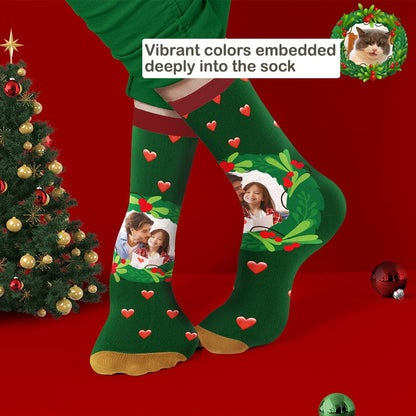 Green personalised mistletoe & heart Christmas socks with heart pattern and name — bespoke festive present