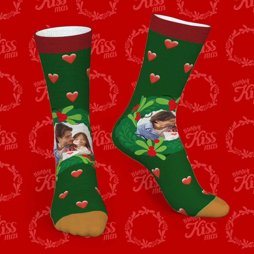 Black mistletoe and heart Christmas socks personalised with names or short text — perfect custom family gift