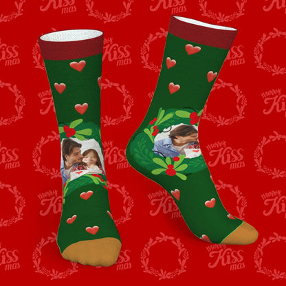 Black mistletoe and heart Christmas socks personalised with names or short text — perfect custom family gift