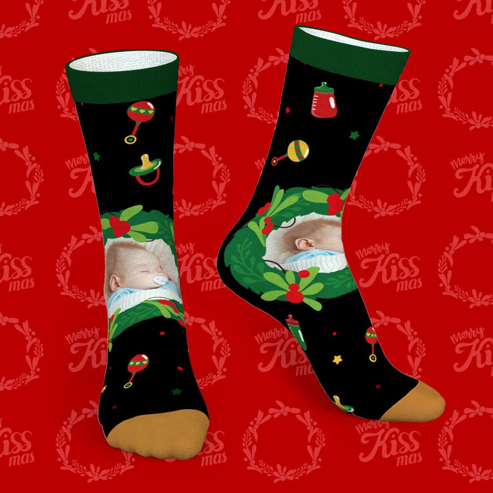 Red personalised photo socks featuring mistletoe and feeding bottle motifs, customisable with your photo or text — ideal personalised Christmas socks for family and friends