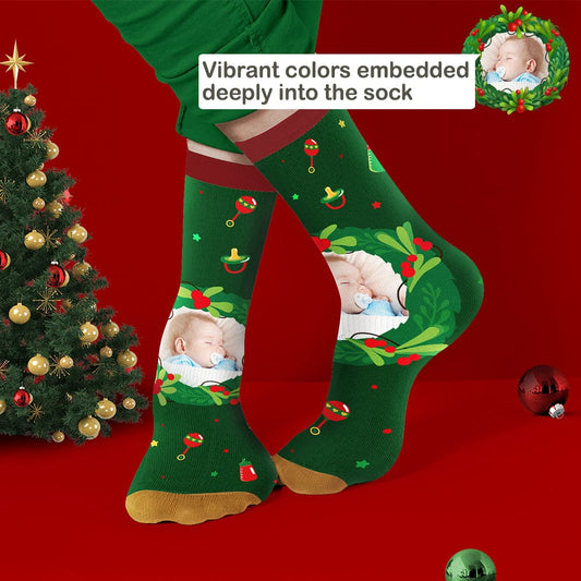 Green personalised photo socks with festive mistletoe and feeding bottle print — custom photo socks perfect as a family Christmas gift for mum, wife or teacher