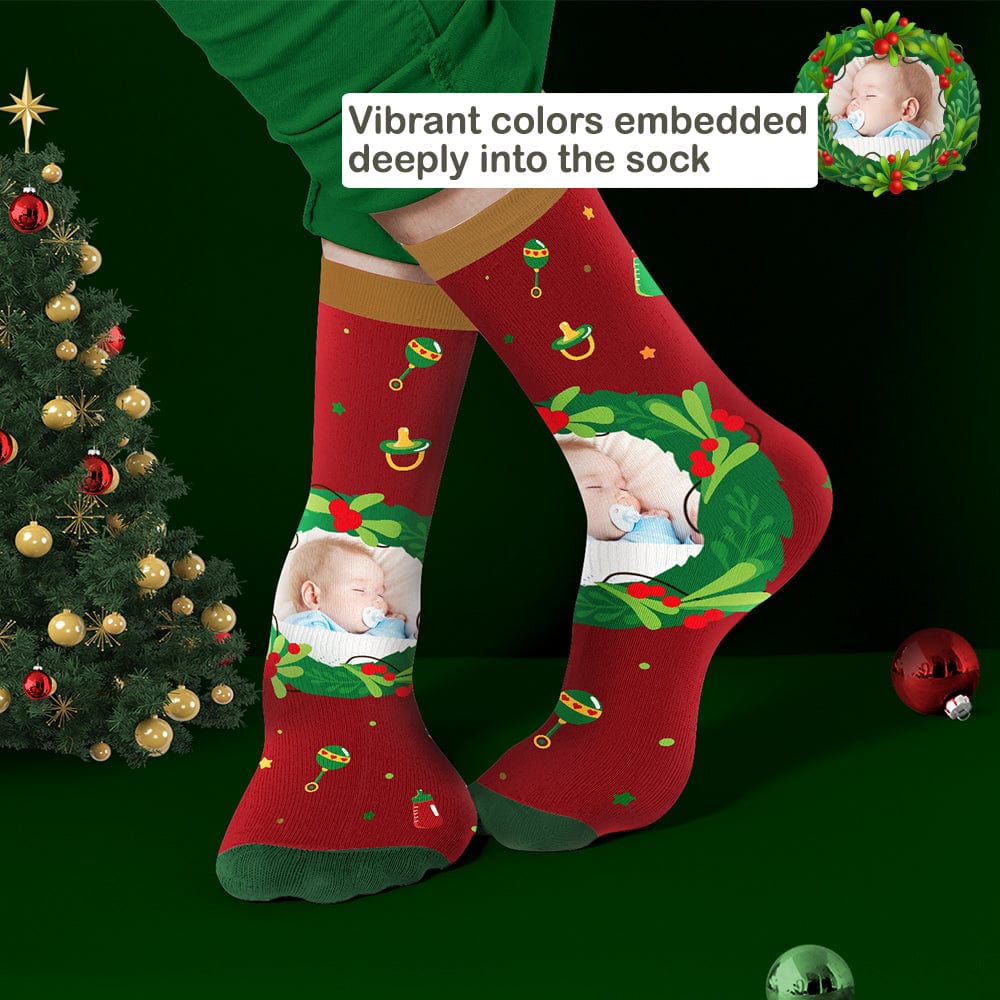 Green personalised photo socks with festive mistletoe and feeding bottle print — custom photo socks perfect as a family Christmas gift for mum, wife or teacher
