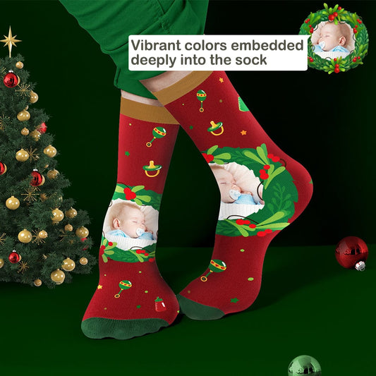 Green personalised photo socks with festive mistletoe and feeding bottle print — custom photo socks perfect as a family Christmas gift for mum, wife or teacher