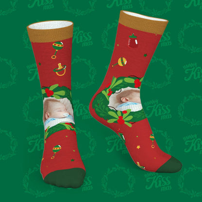 Close-up of green personalised photo socks showing high-resolution printed photo area and mistletoe detail — long-lasting custom Christmas socks