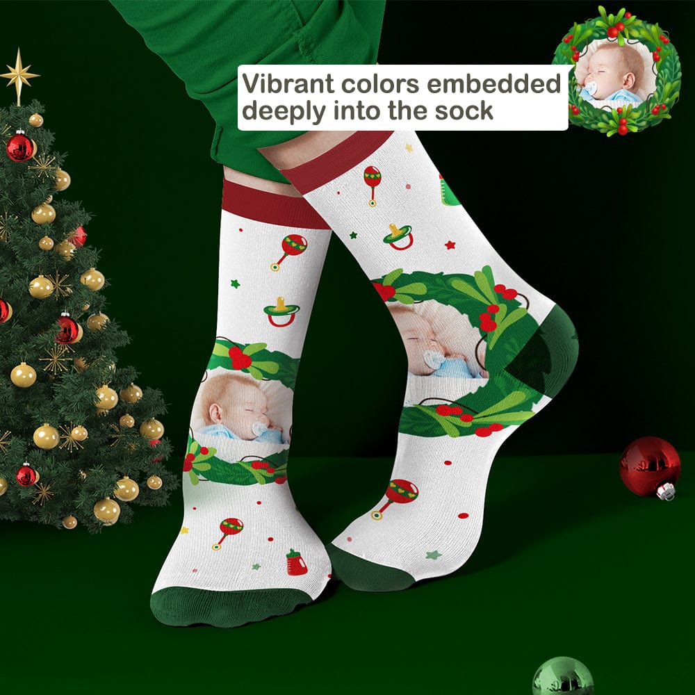 White personalised photo socks with subtle mistletoe and feeding bottle design — versatile personalised gift for Mother’s Day, Christmas and New Year